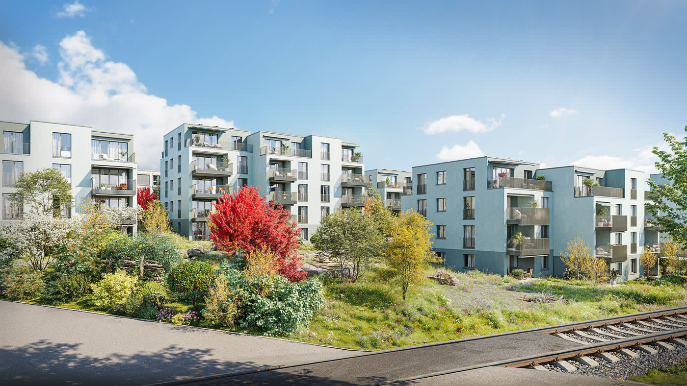 Wohnbauten von VISTA Oberhasli mit herbstlicher Bepflanzung