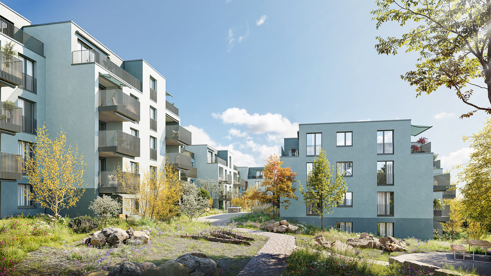 Visualisierung des Wohnquartiers VISTA in Oberhasli mit begrünten Aussenräumen